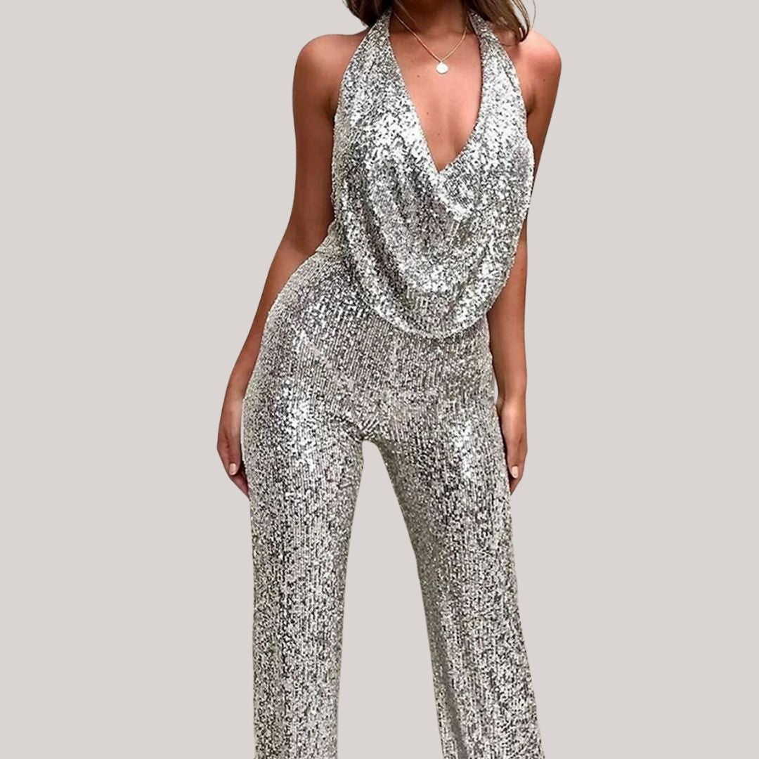 Amara - Elegante Glitter Jumpsuit Met Halslijn