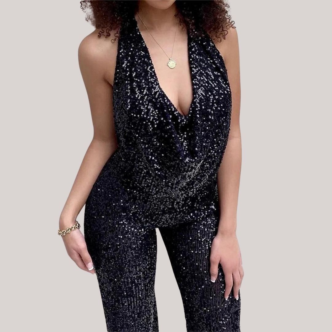 Amara - Elegante Glitter Jumpsuit Met Halslijn