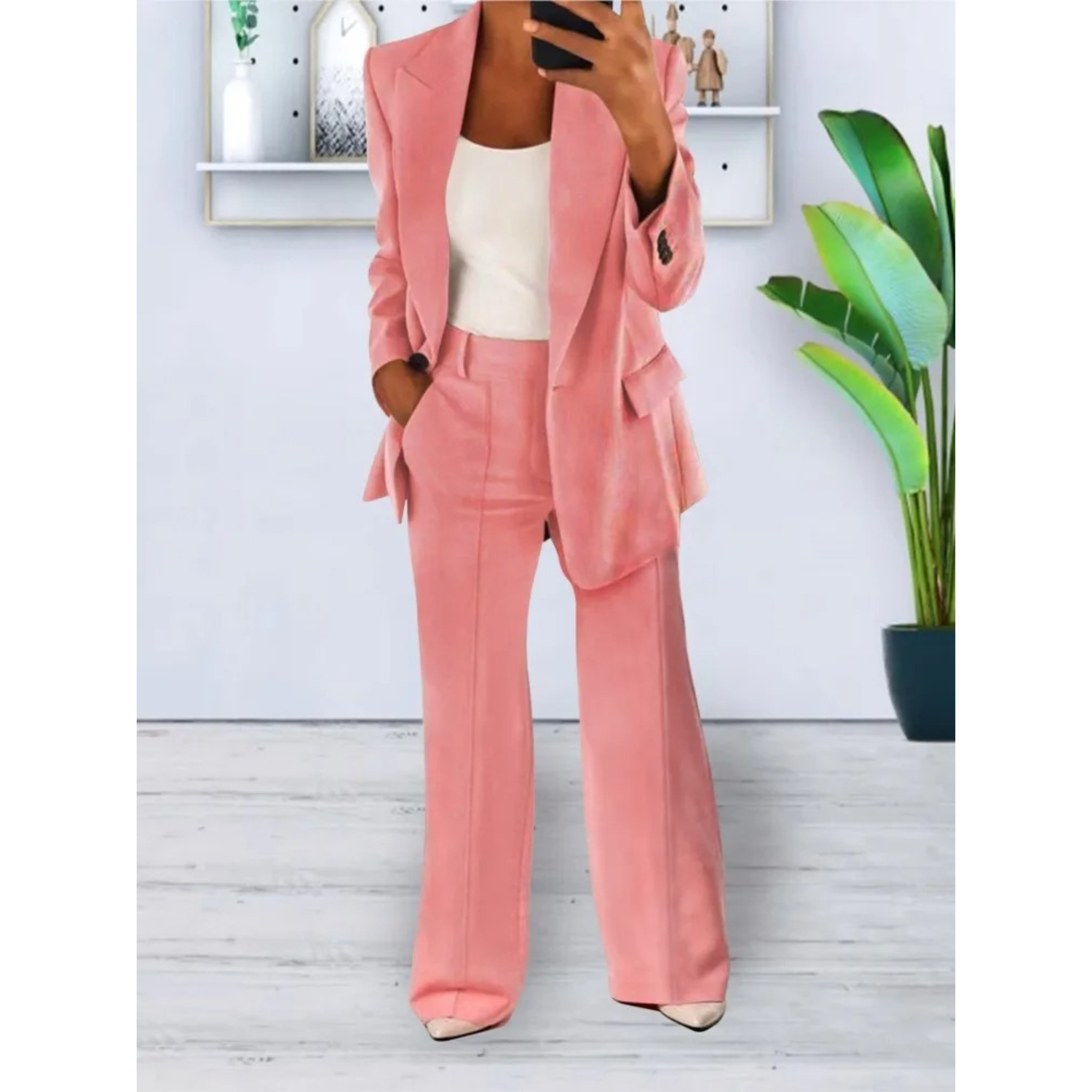 Anabelle - Losvallende effen kleur casual blazer en broek set met zakken