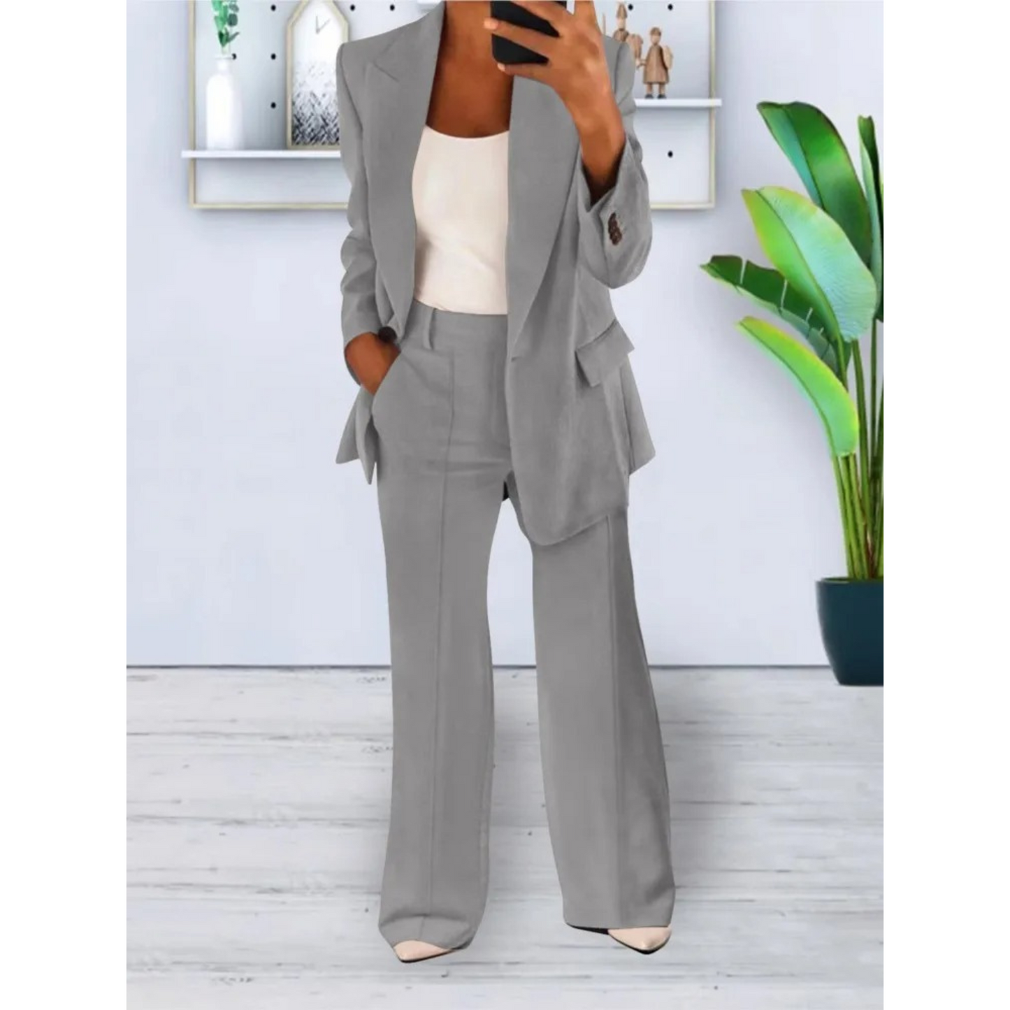 Anabelle - Losvallende effen kleur casual blazer en broek set met zakken