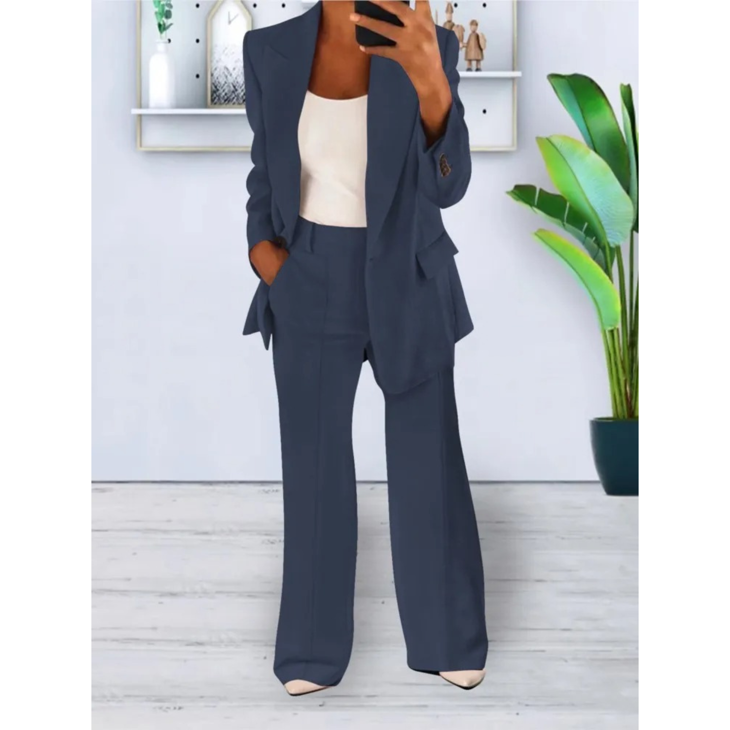 Anabelle - Losvallende effen kleur casual blazer en broek set met zakken