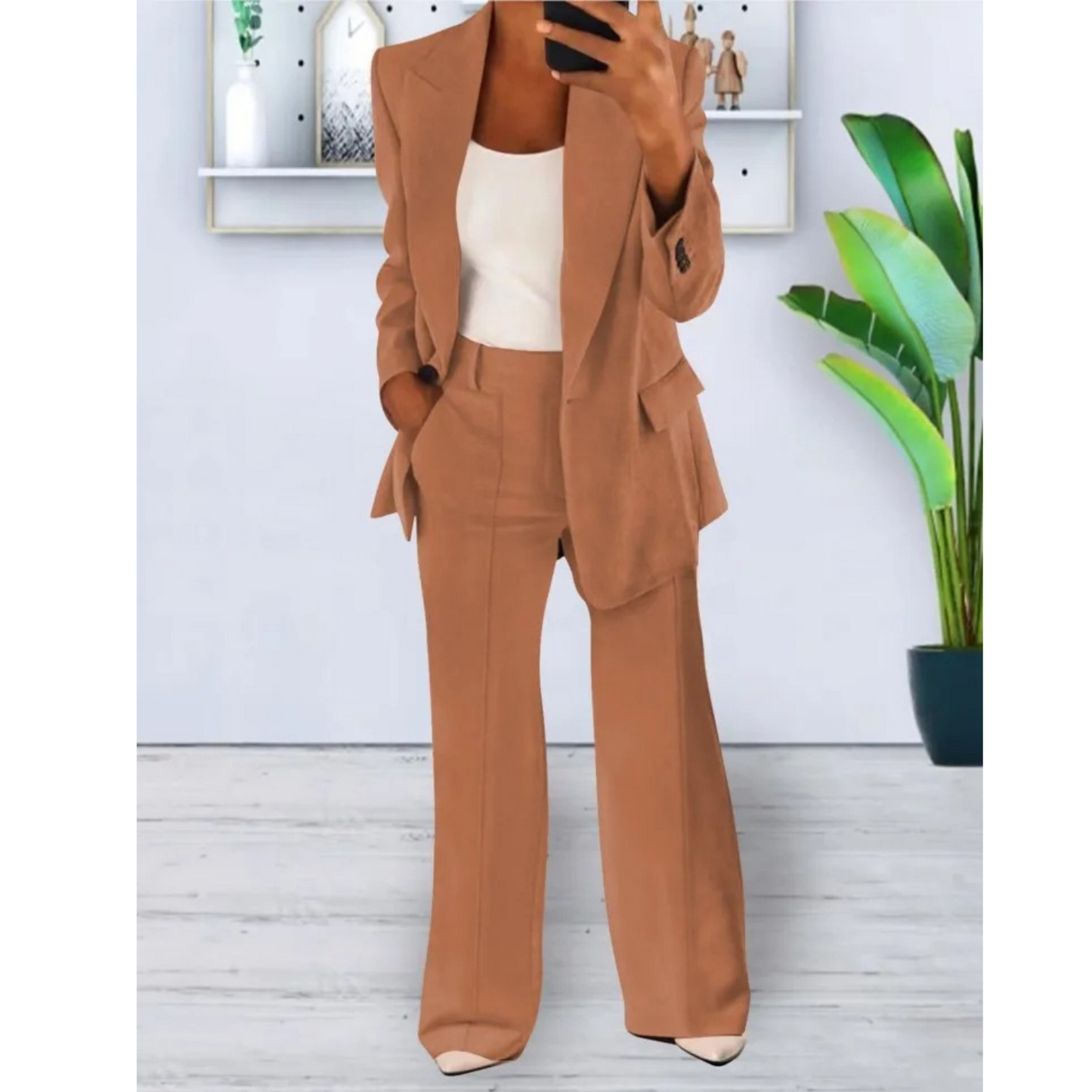 Anabelle - Losvallende effen kleur casual blazer en broek set met zakken